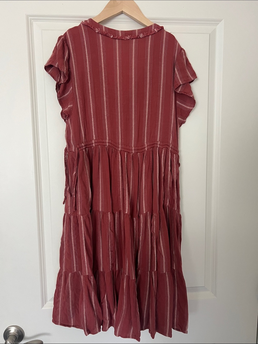 ANA Ruffled V-Neck Tiered Midi Dress - Dusty Rose Stripe - Picture 6 of 6
